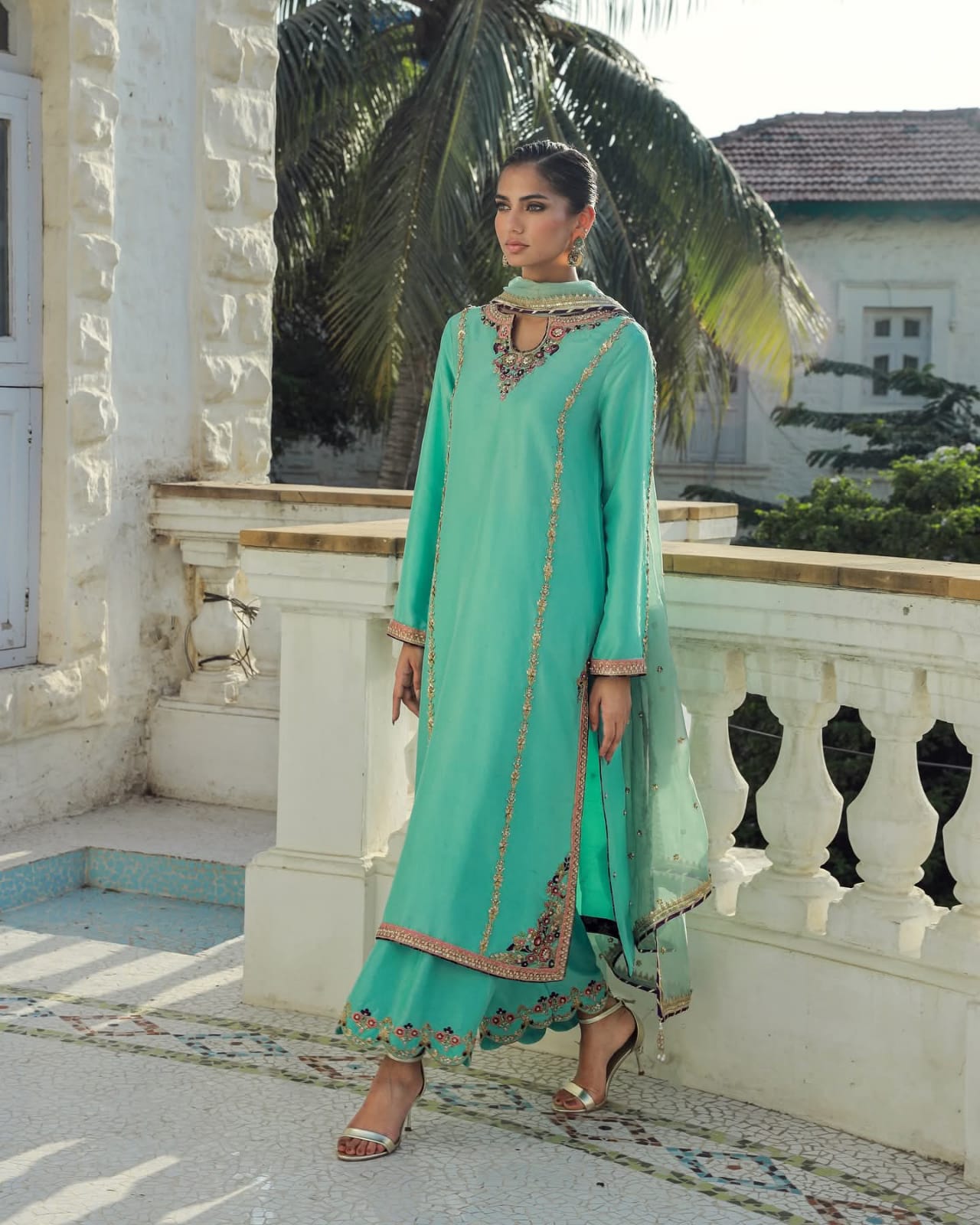 MINAAL – Teal Green Silk Embroidered 3-Piece Suite