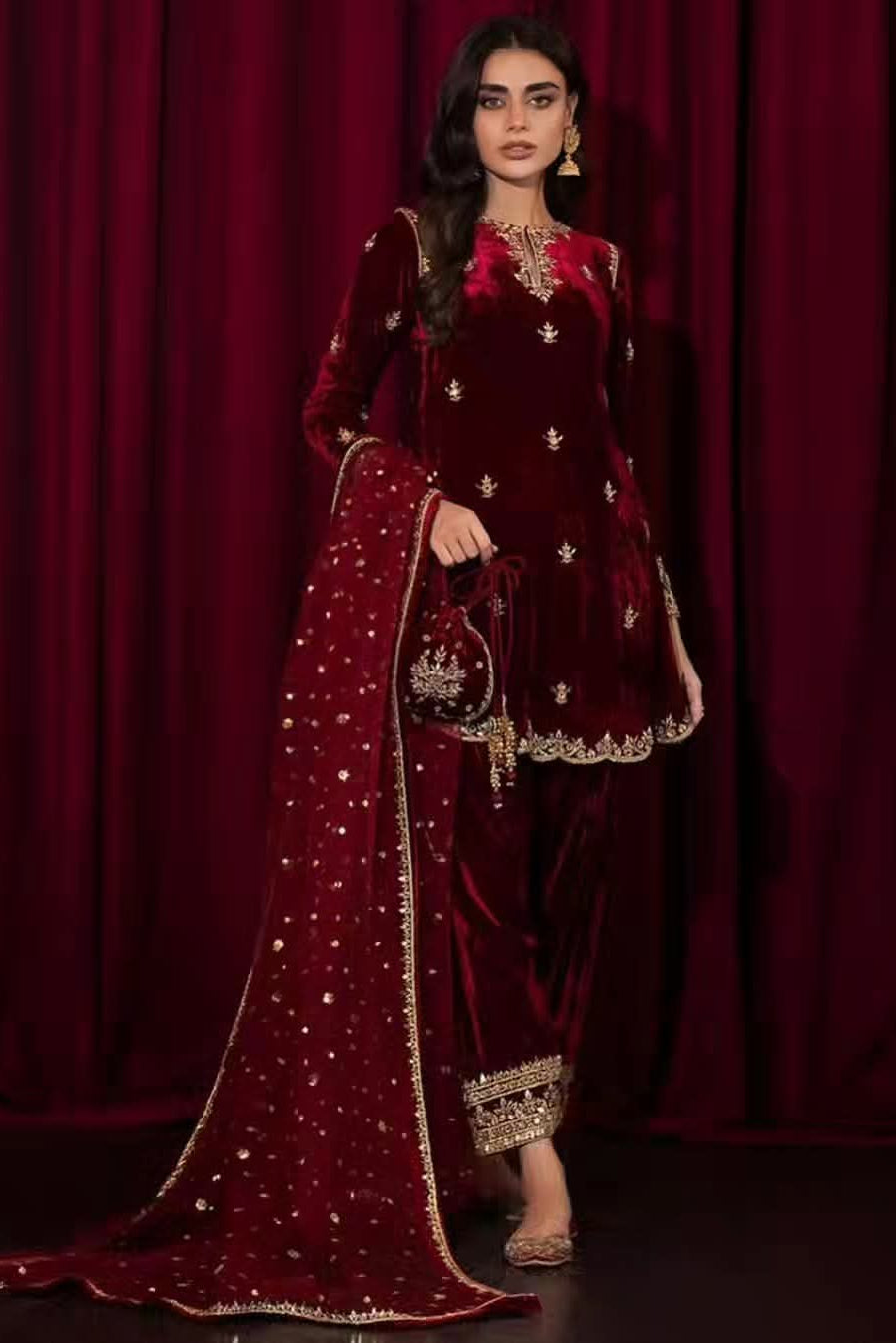 RUBINA – Deep Maroon Velvet Handcrafted 3-Piece Suite