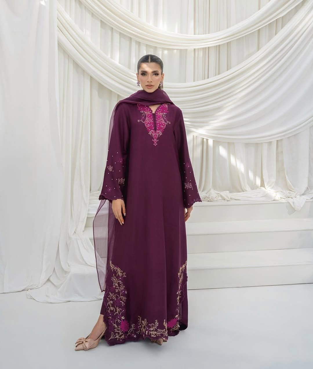 ZIMAL – Deep Purple Silk Embroidered 3-Piece Suite