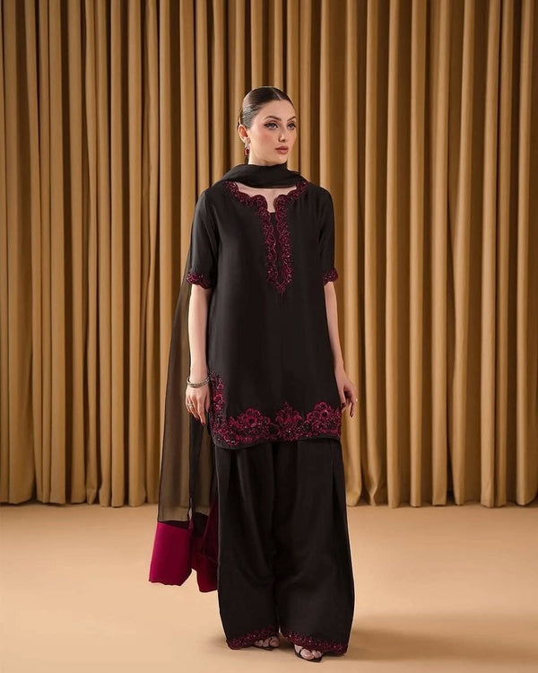 MAHNOOR – Jet Black Silk Embroidered 3-Piece Suite