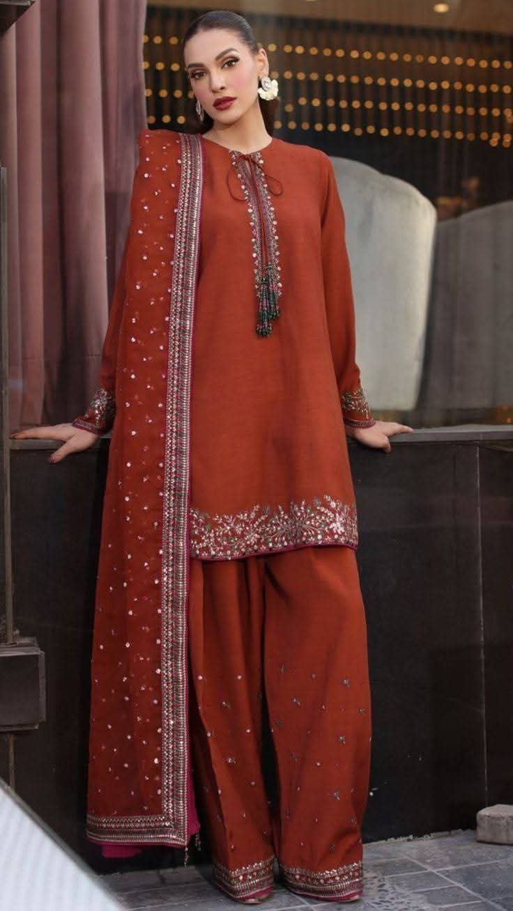 AIZAH – Rust Silk Embroidered 3-Piece Ensemble