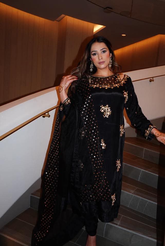 SANAM – Midnight Black Silk Gold-Embellished Festive Set