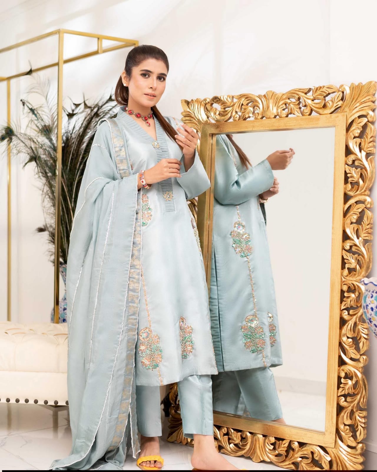 INSHIRAH – Seafoam Silk Pastel Embroidered Luxe Set