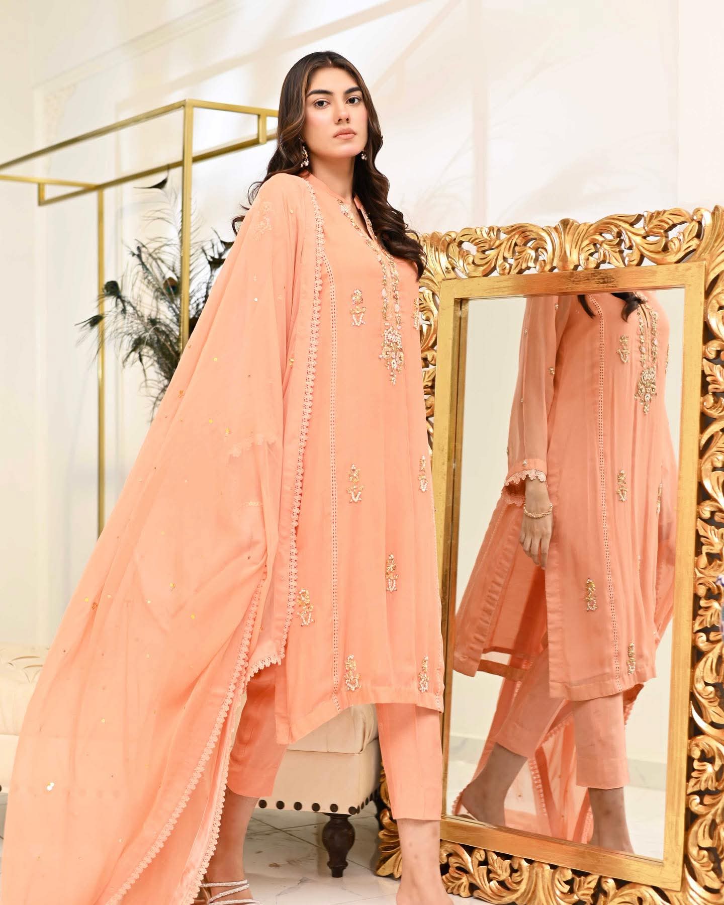 ZUNASH – Coral Peach Silk Delicate Hand-Embellished Set