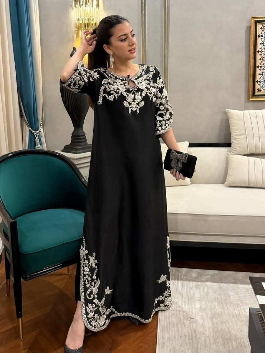 MAHNOOR – Ebony Black Silk Hand-Embellished Luxe Ensemble