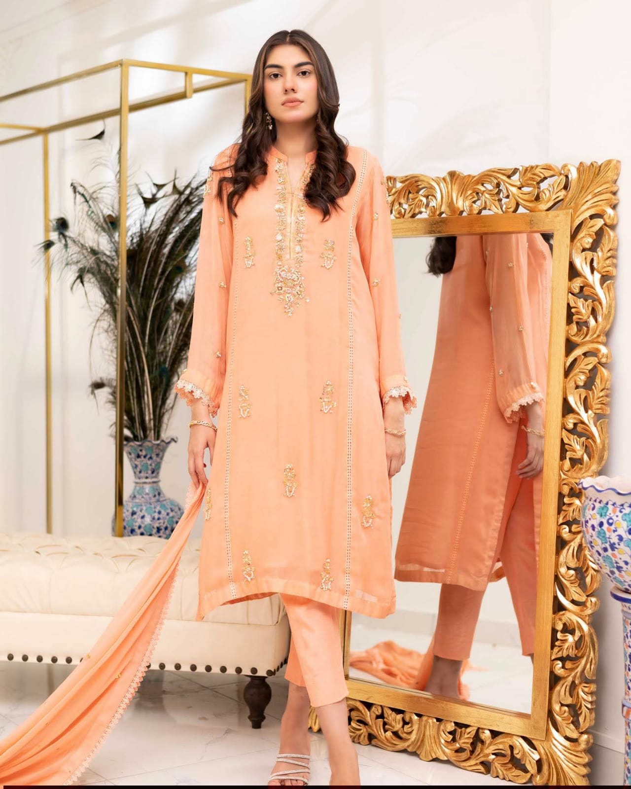 ZUNASH – Coral Peach Silk Delicate Hand-Embellished Set