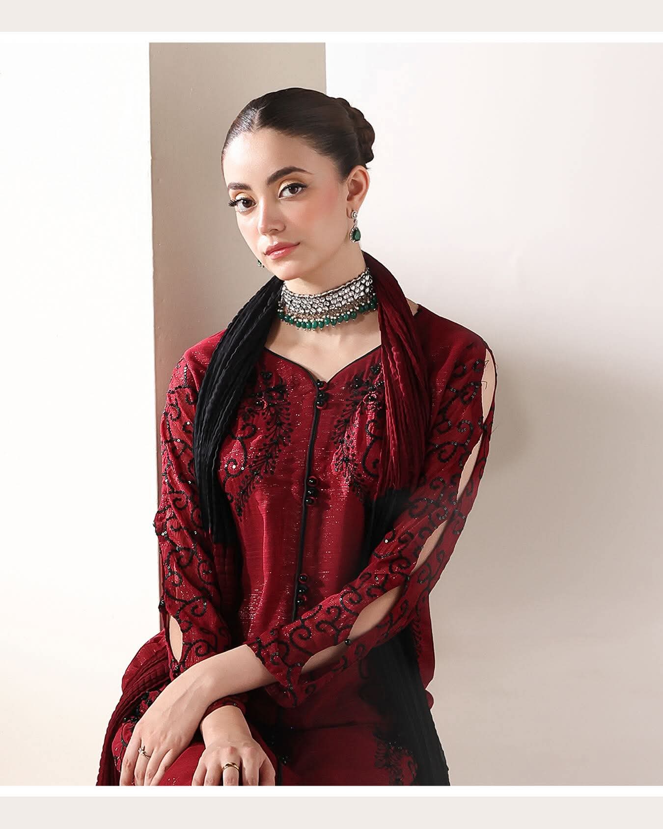 ADVIKA – Maroon Shimmer Silk Embroidered Tulipa Set