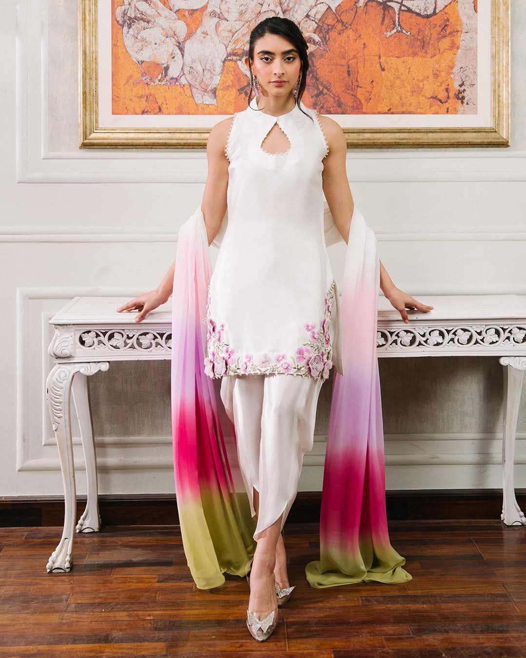 NAIRA – Pristine White Silk Cut-Work Set with Ombre Dupatta