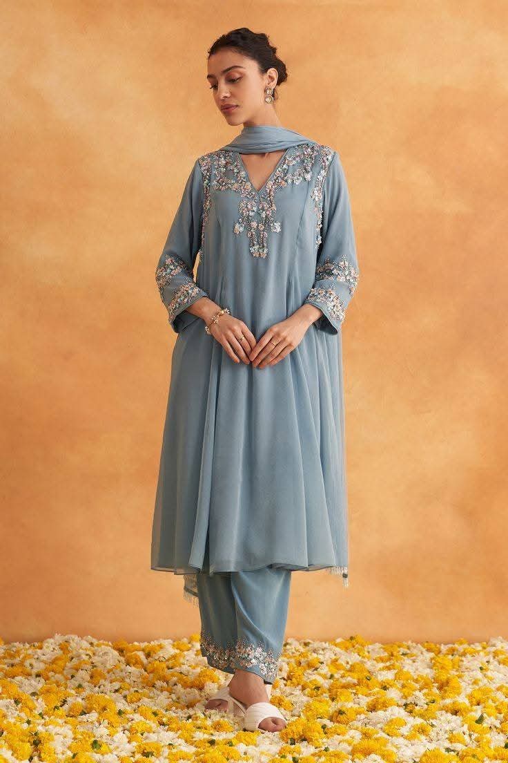 AMARA – Slate Blue Georgette Embroidered 3-Piece Set