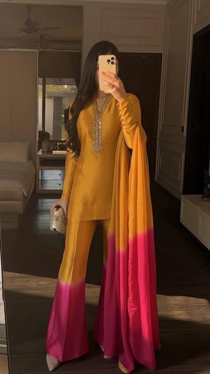 ZIVA – Mustard & Magenta Ombre Silk Co-ord Set
