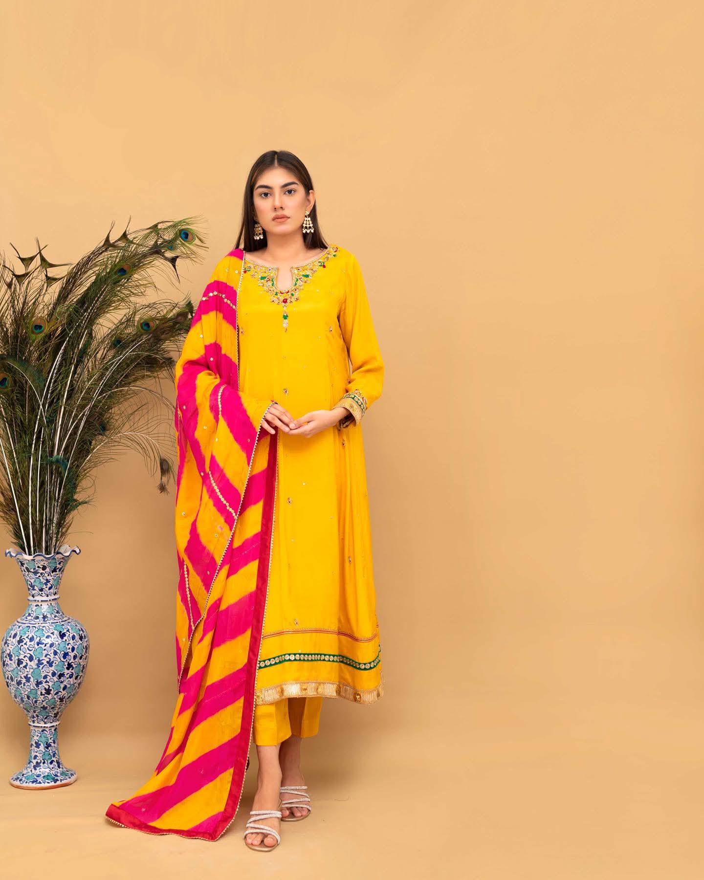 SIA – Mustard Silk Embellished Festive Set with Striped Dupatta