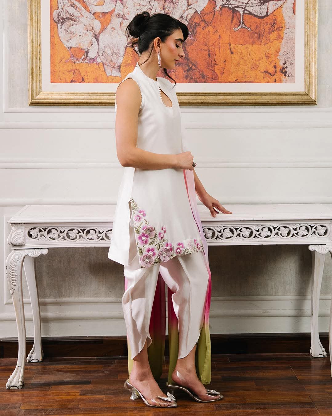 NAIRA – Pristine White Silk Cut-Work Set with Ombre Dupatta