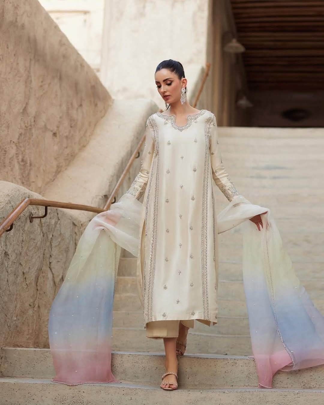MEHER – Ivory Silk Silver-Worked Ensemble with Pastel Ombre Dupatta