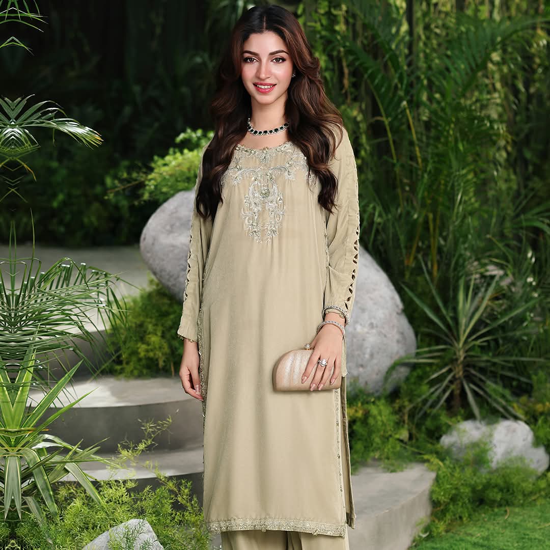 SHANVI – Olive Gold Silk Embroidered Formal Ensemble