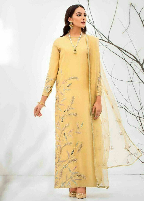 KASHAF – Honey Mustard Silk Embroidered 3-Piece