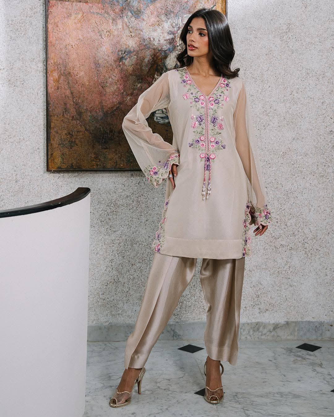 AMOLI – Nude Silk Floral Embroidered Festive Set