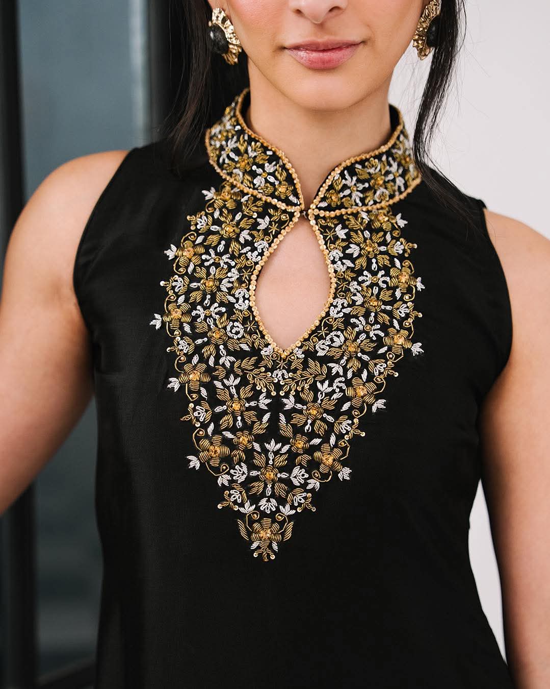 KIARA – Midnight Black Silk Halter-Neck Embellished Set