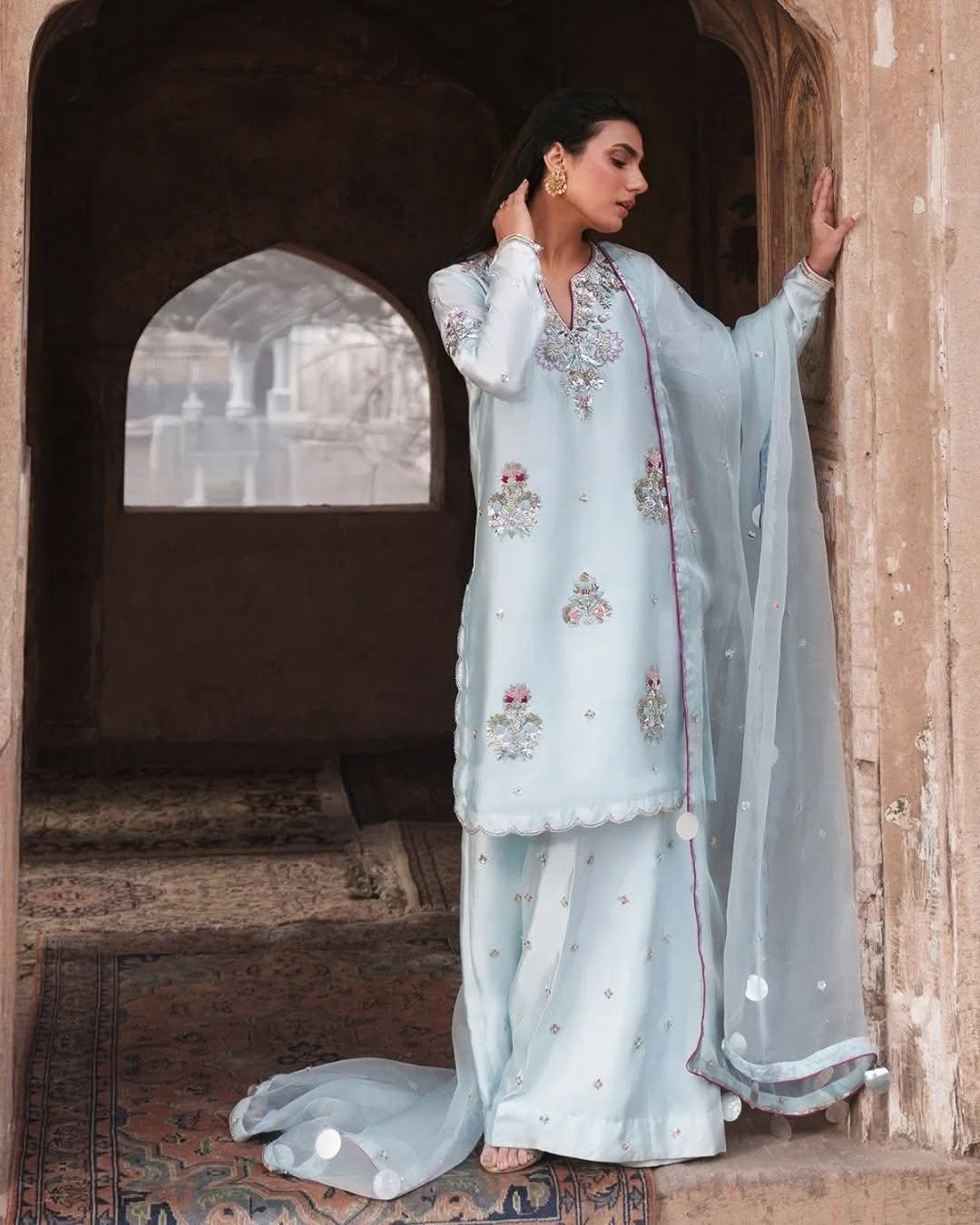 HEER – Icy Blue Silk Embroidered Luxe Gharara Set