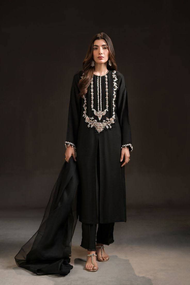 MEHER – Ebony Silk Long Slit Embroidered Ensemble