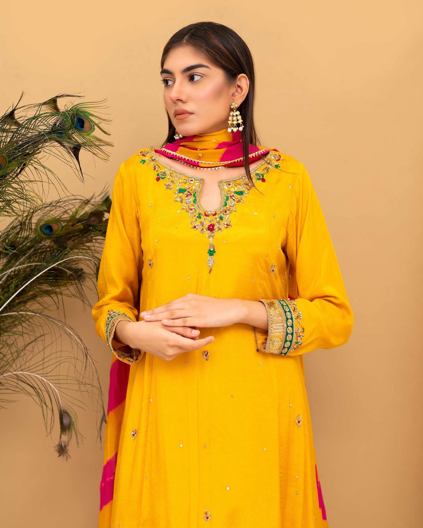 SIA – Mustard Silk Embellished Festive Set with Striped Dupatta