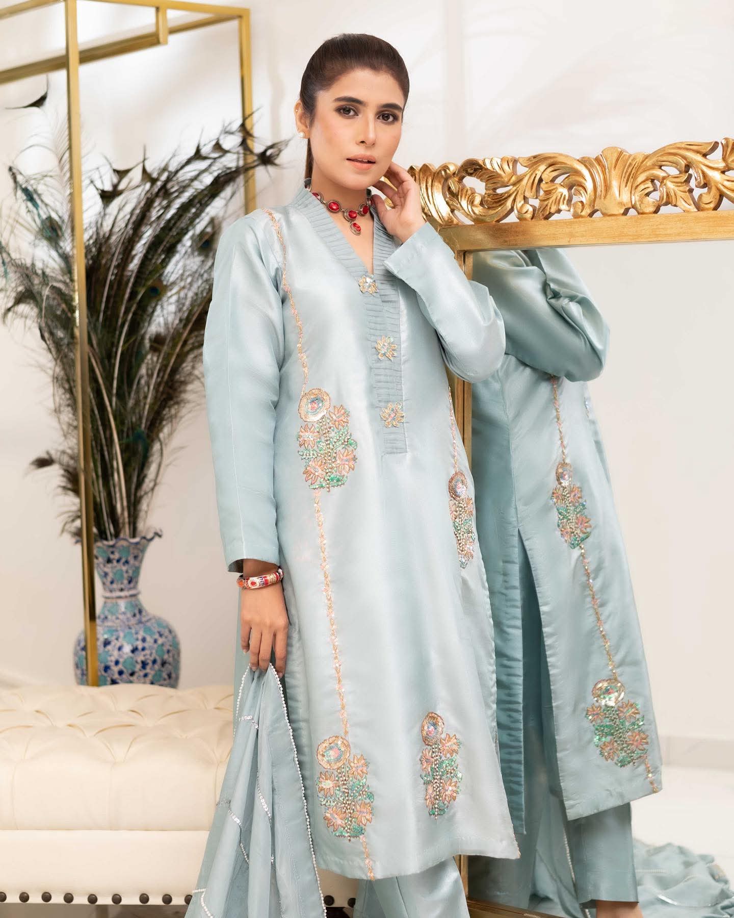 INSHIRAH – Seafoam Silk Pastel Embroidered Luxe Set